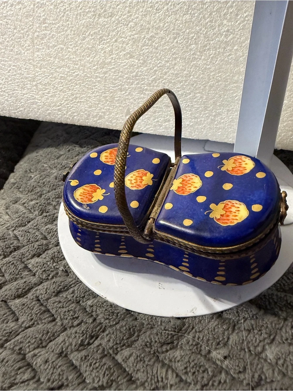 Limoges Blue Enamel Basket Cosmetic Box with Gold Accents